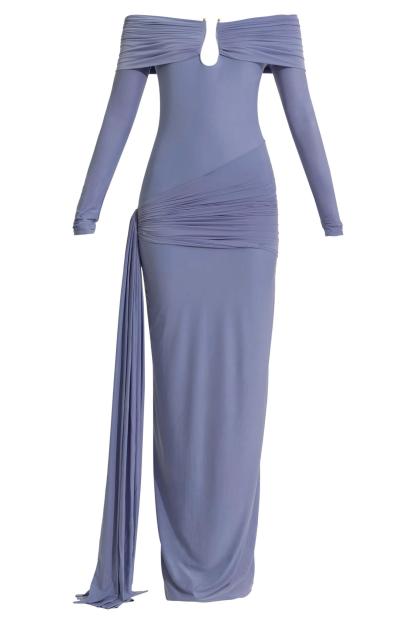 Solid Ruched Off-Shoulder Maxi Dress