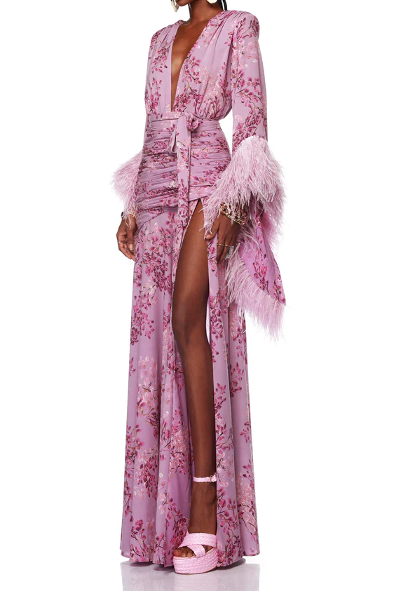 Feather Floral Long Sleeve Split Maxi Dress