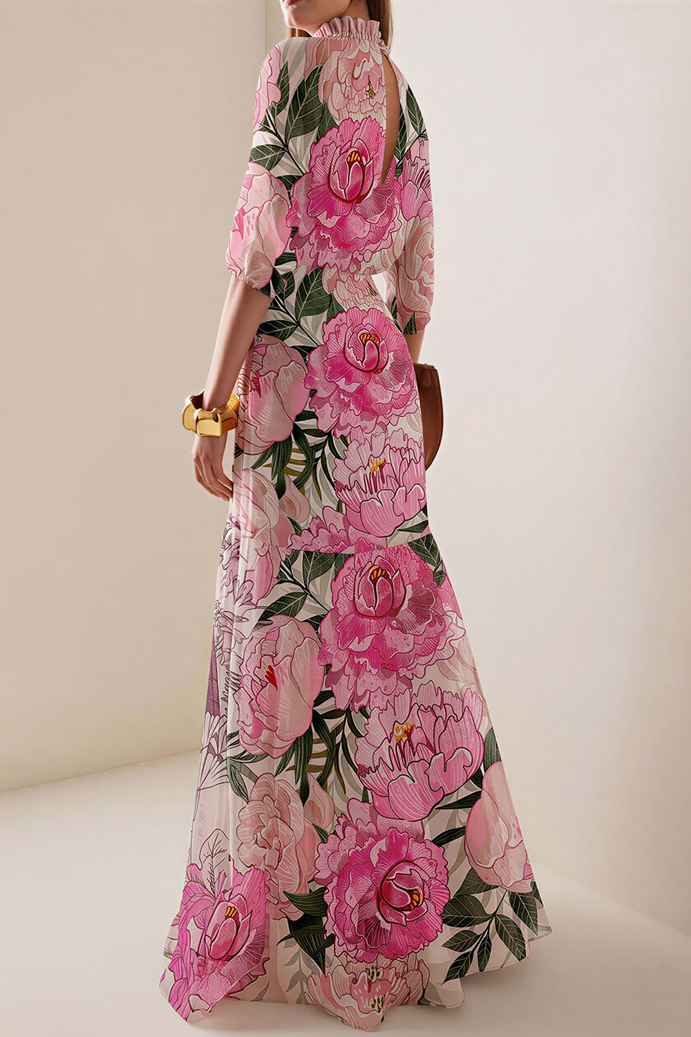 Chiffon Botanical Print Frill Maxi Dress