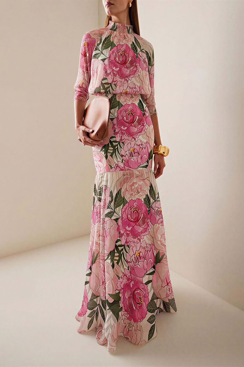 Chiffon Botanical Print Frill Maxi Dress