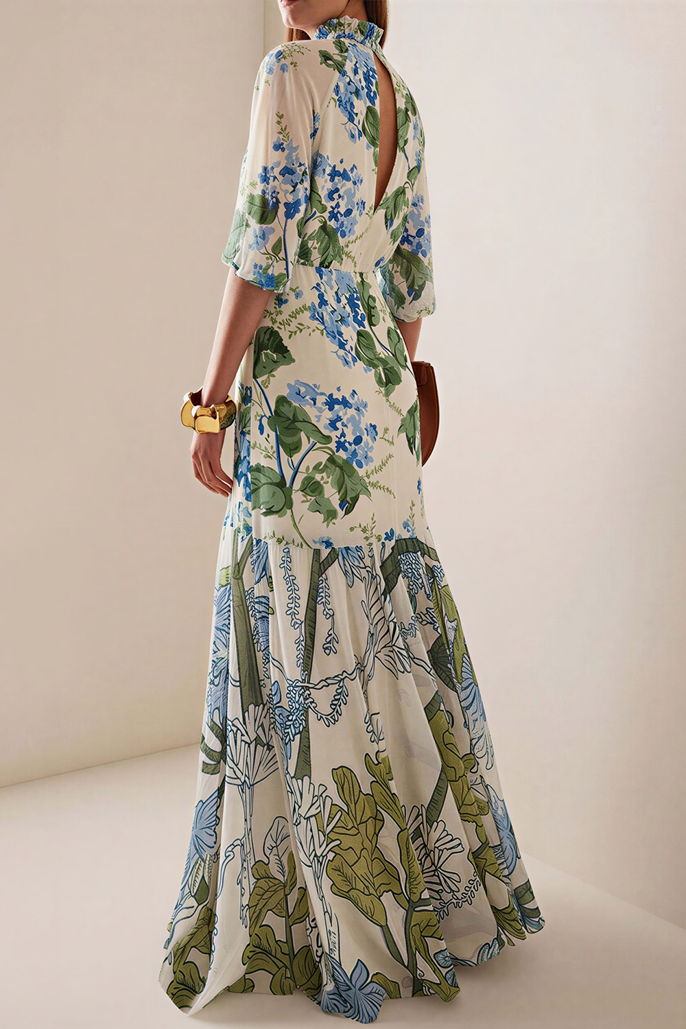 Chiffon Botanical Print Frill Maxi Dress