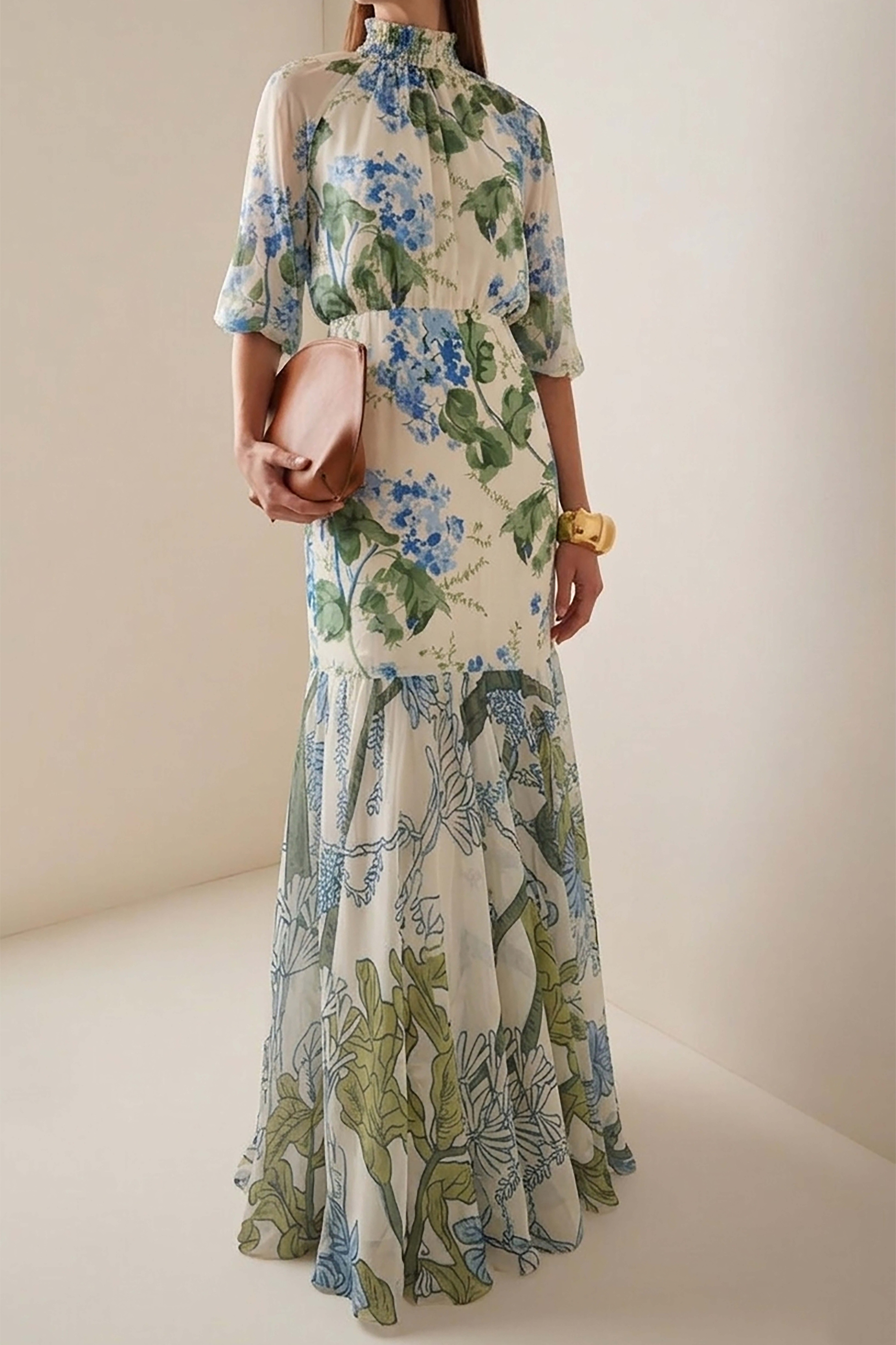 Chiffon Botanical Print Frill Maxi Dress