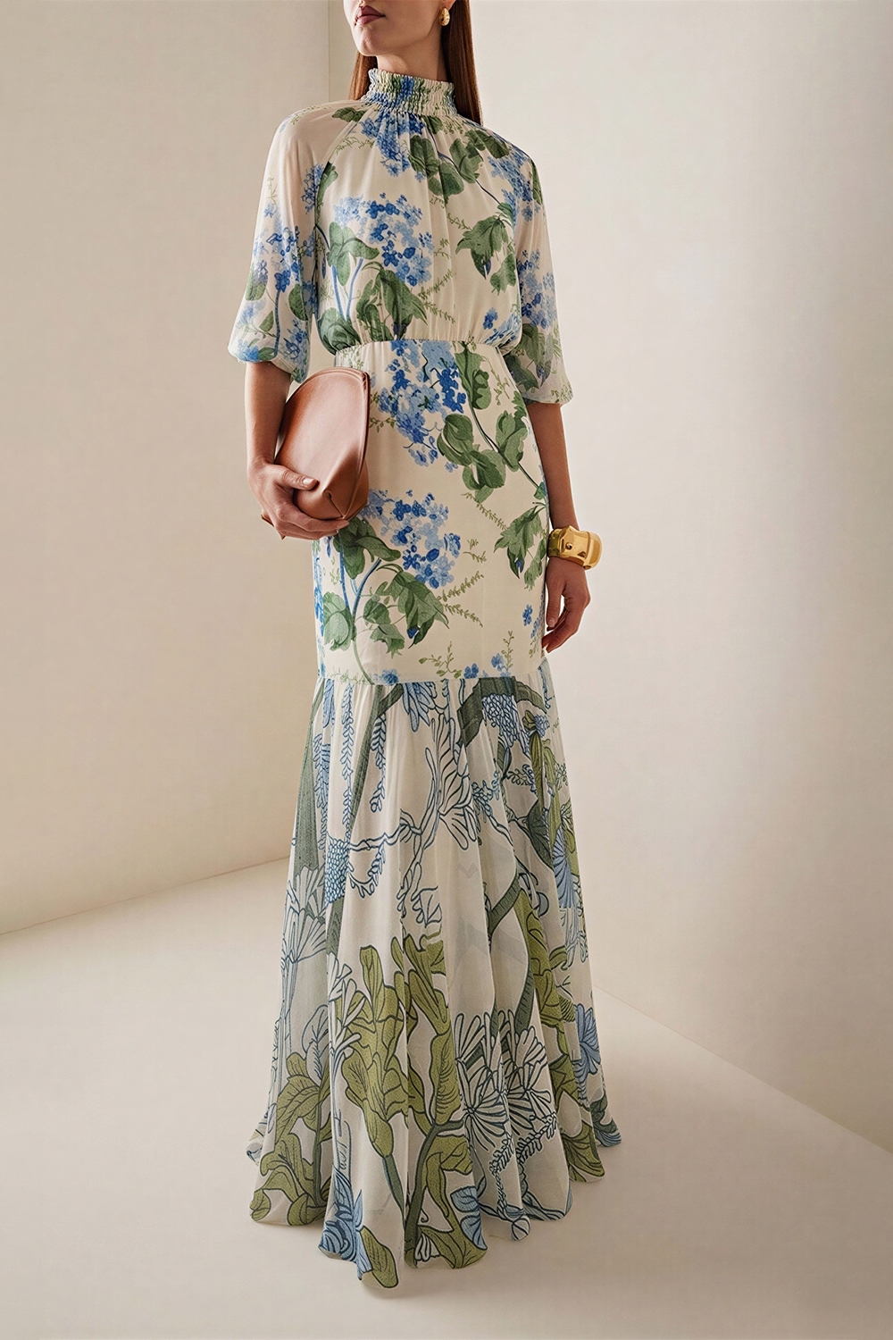 Chiffon Botanical Print Frill Maxi Dress