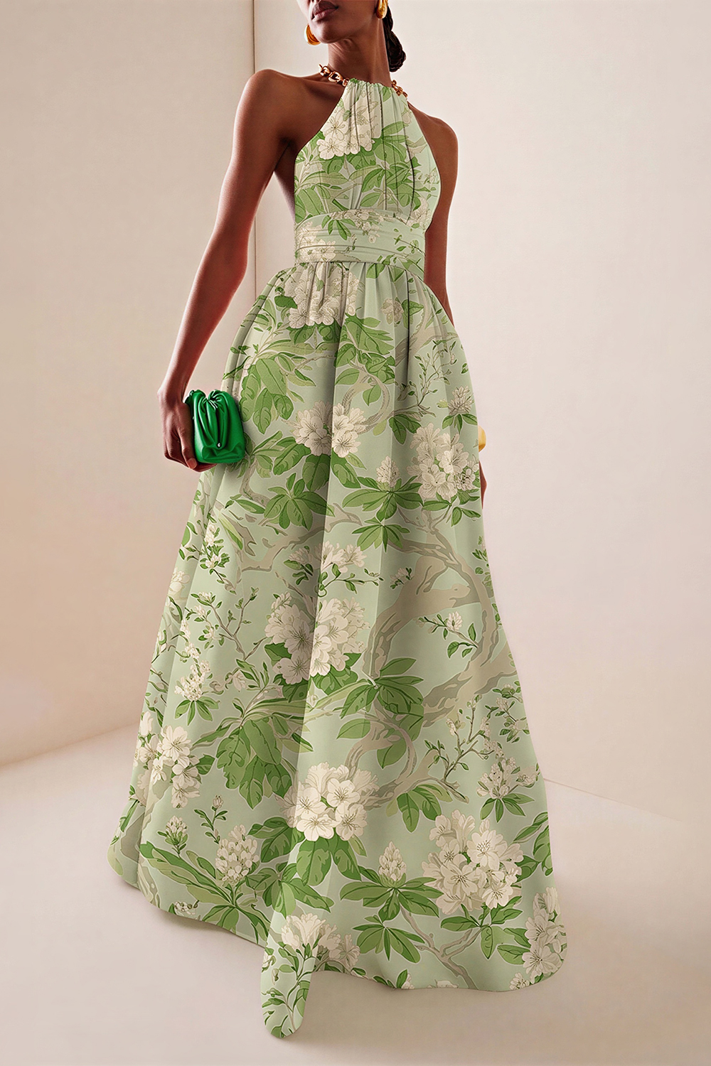 Metal Halter Neck Floral Maxi Dress