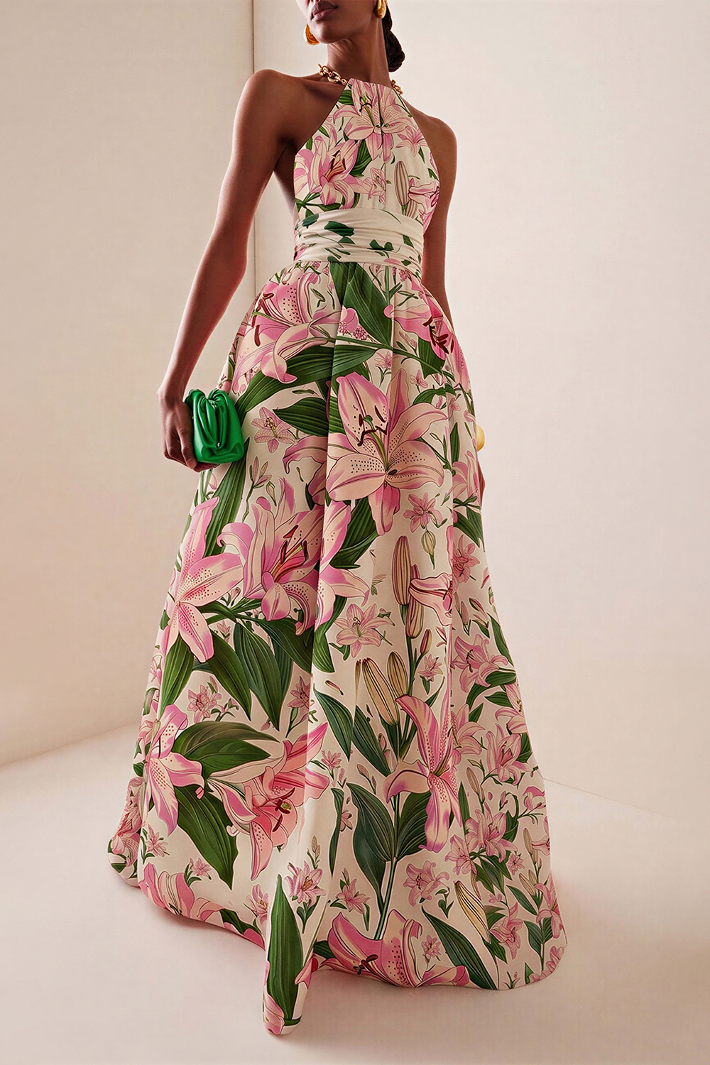 Metal Halter Neck Floral Maxi Dress