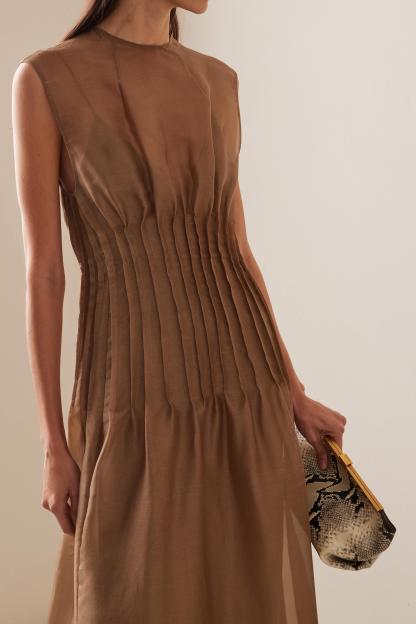 Toothpick Pleat Round Neck Sleeveless Midi  Dress