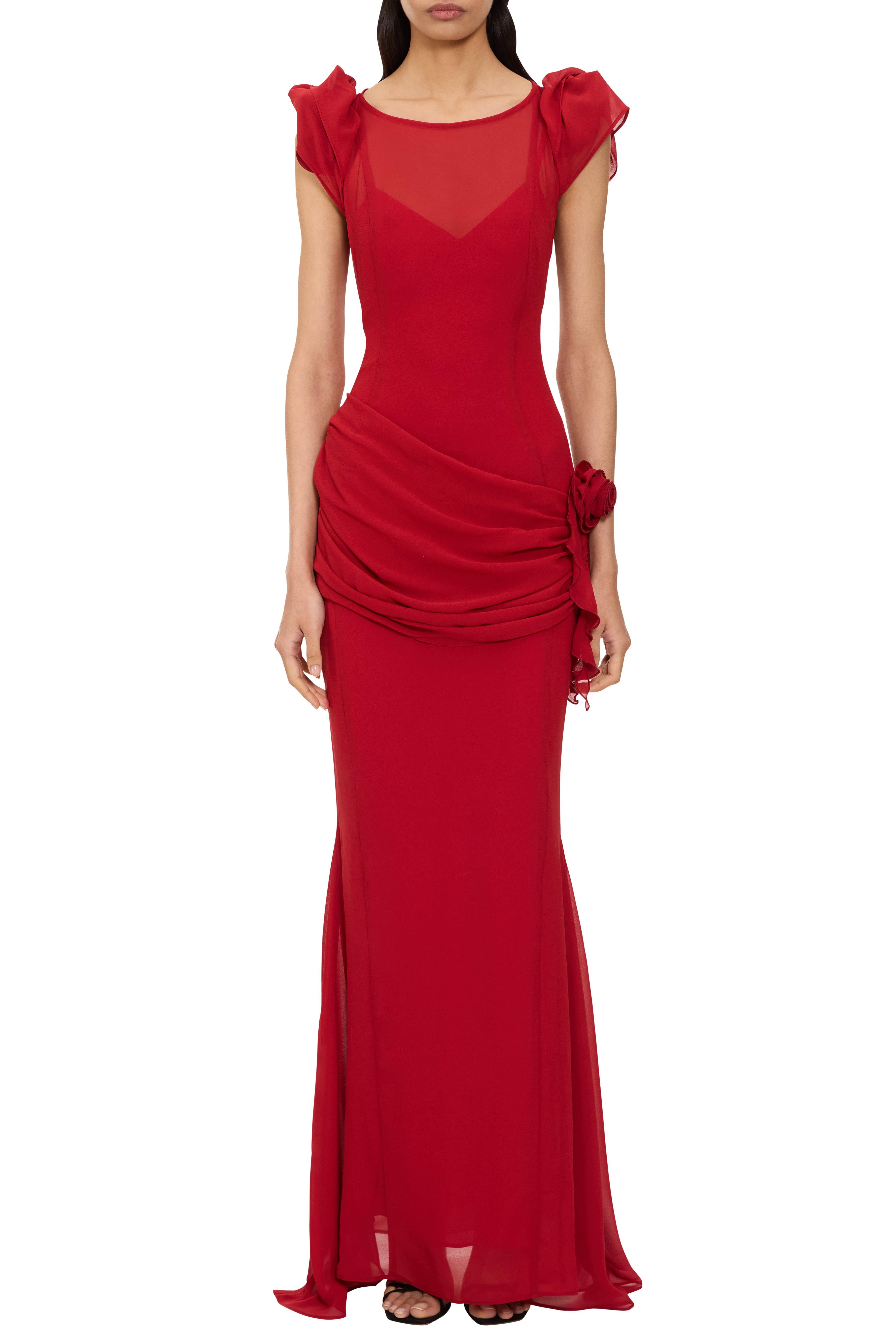 Chiffon Frill 3D Flower Maxi Dress