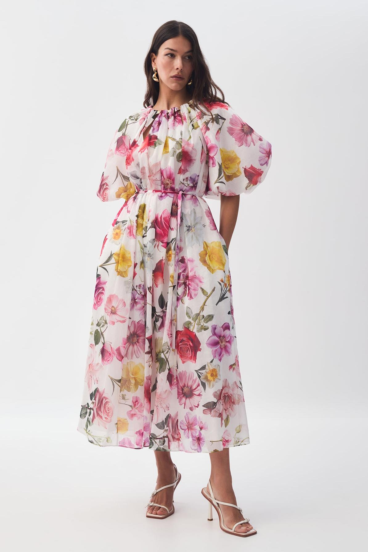 Floral Raglan Sleeve Round Neck Midi  Dress