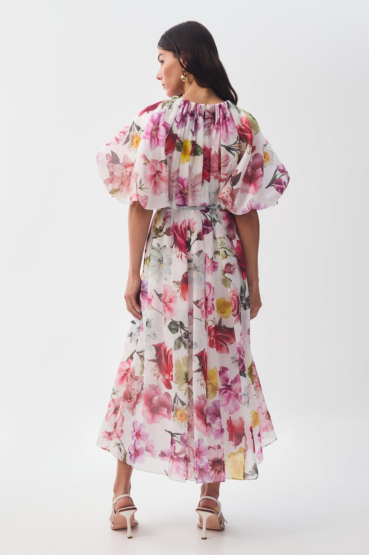 Floral Raglan Sleeve Round Neck Midi  Dress