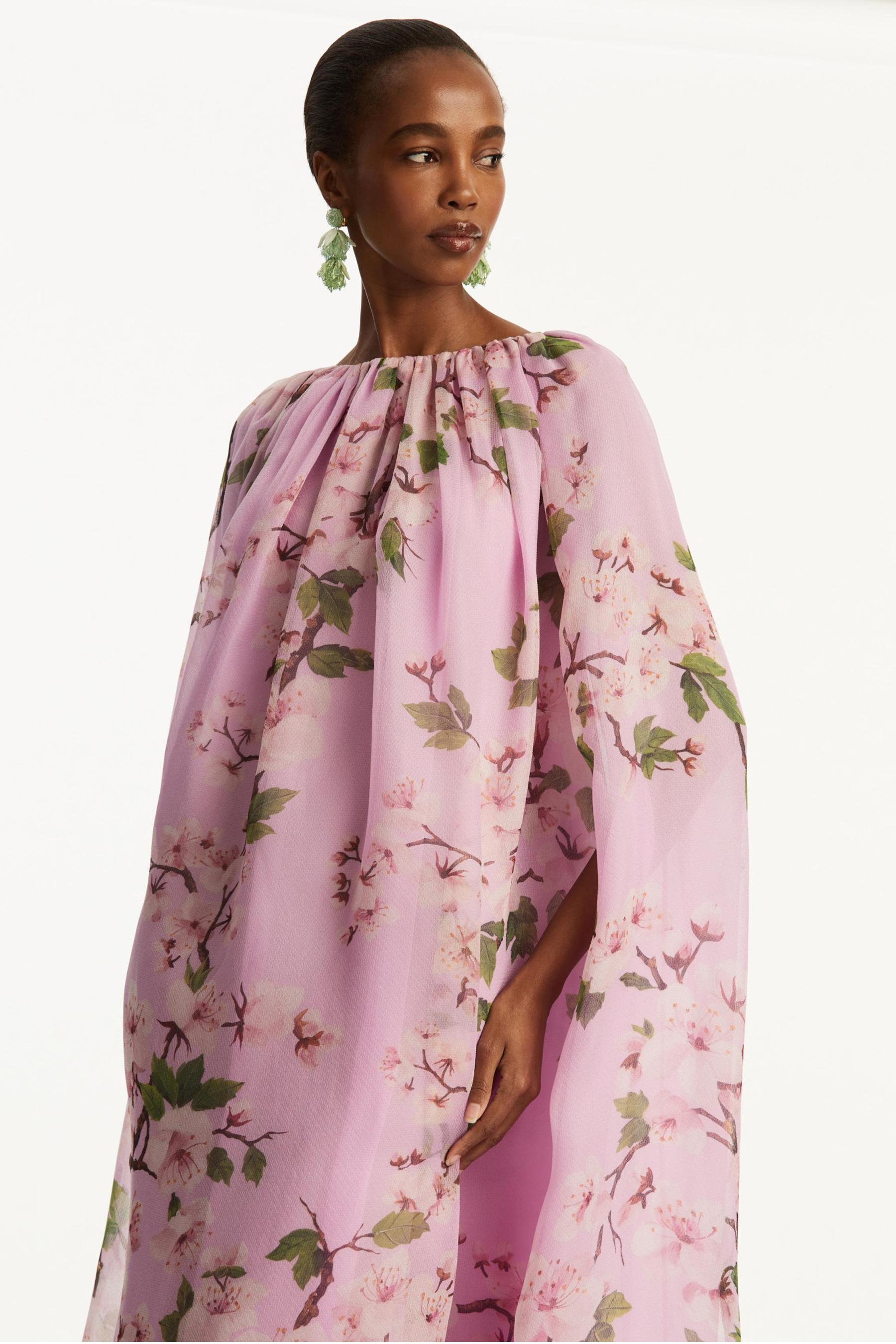 Floral Gathering Cape Sleeve Maxi Dress