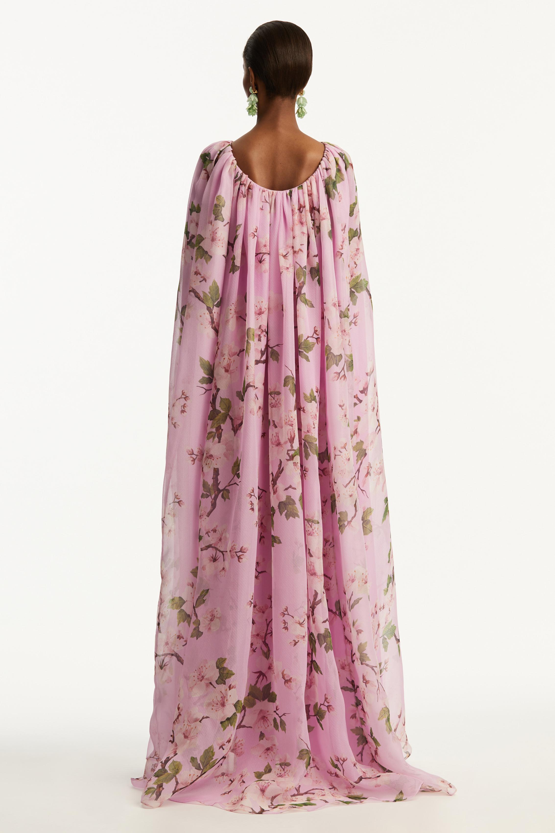 Floral Gathering Cape Sleeve Maxi Dress