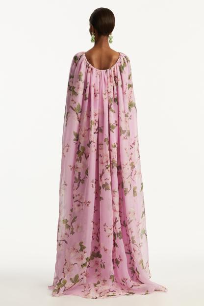 Floral Gathering Cape Sleeve Maxi Dress