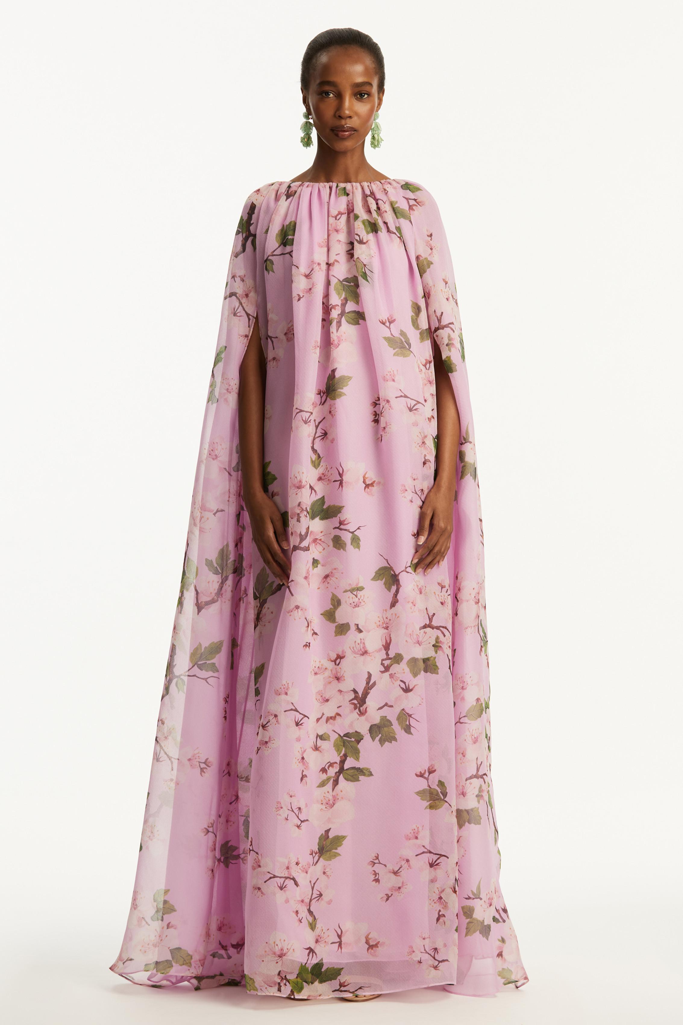 Floral Gathering Cape Sleeve Maxi Dress