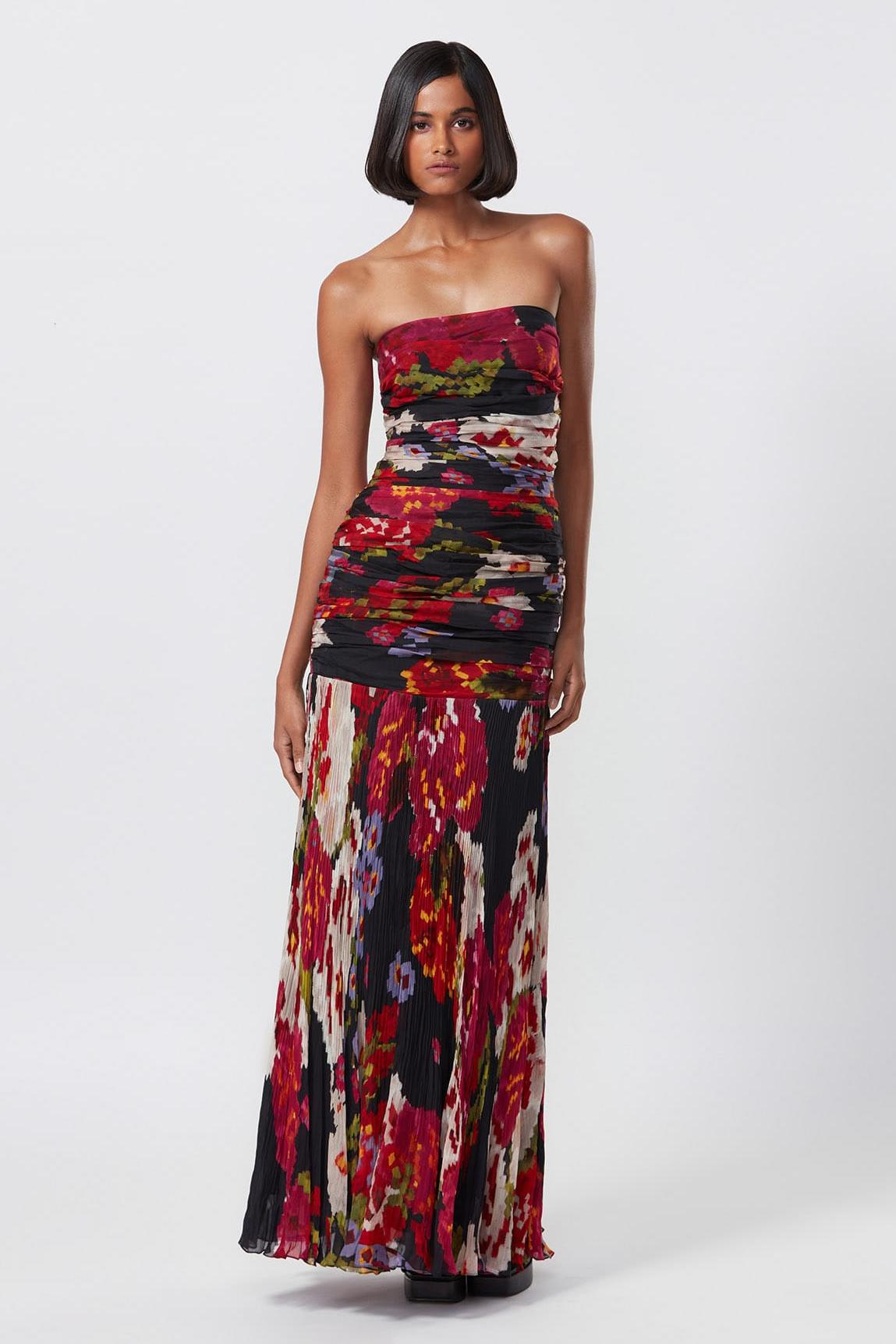 Pleated Off Shoulder Floral Midi Dress