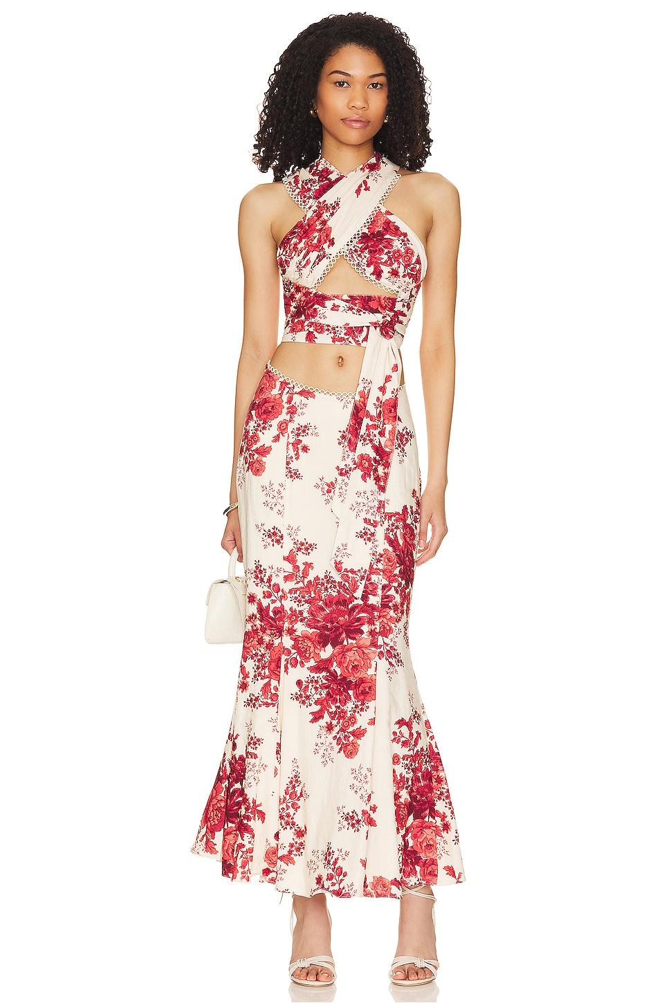 Floral Cut-Out Halter Neck Top&Low Waist Midi Dress Set