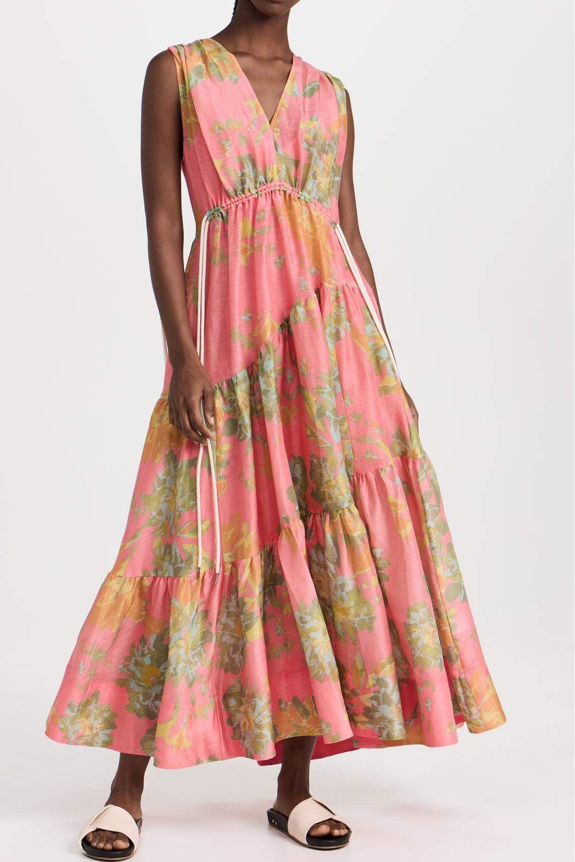 Floral Shirring Ruffle Midi Dress