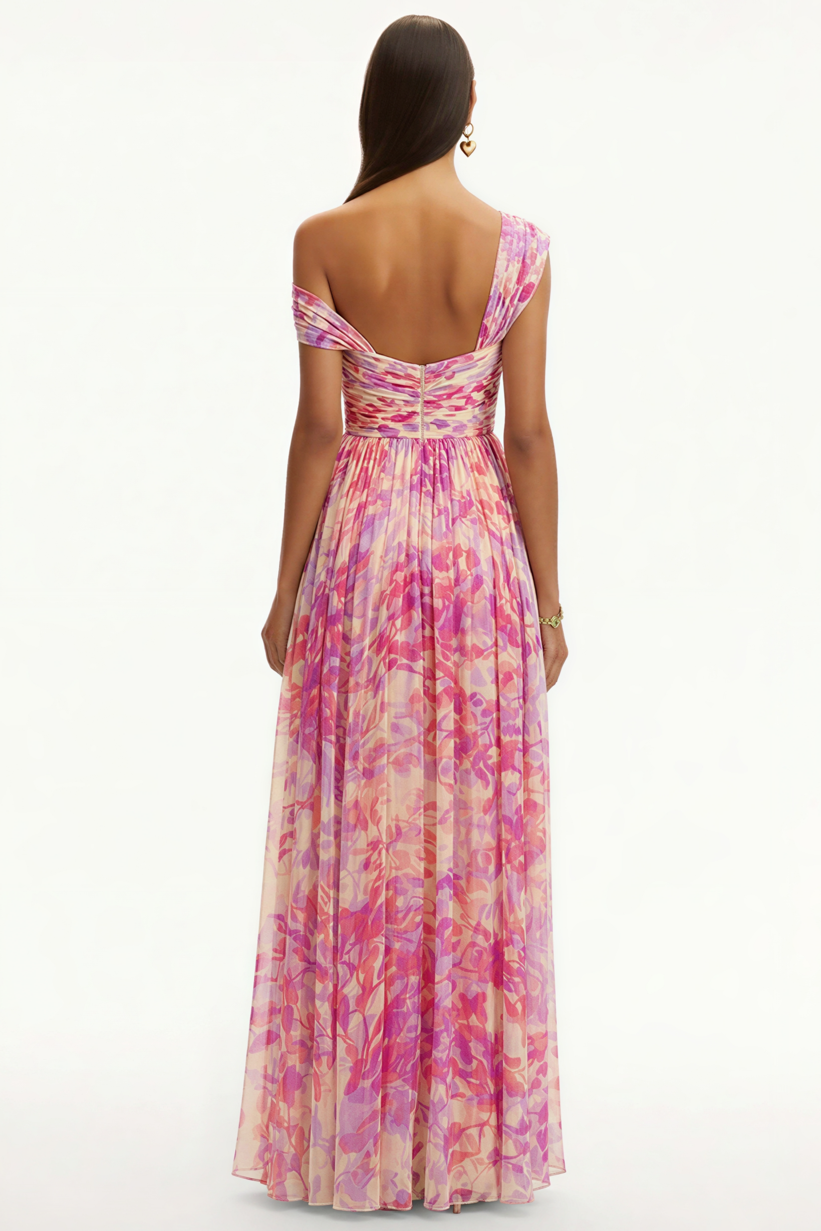 Floral Skew Collar Chiffon Maxi Dress