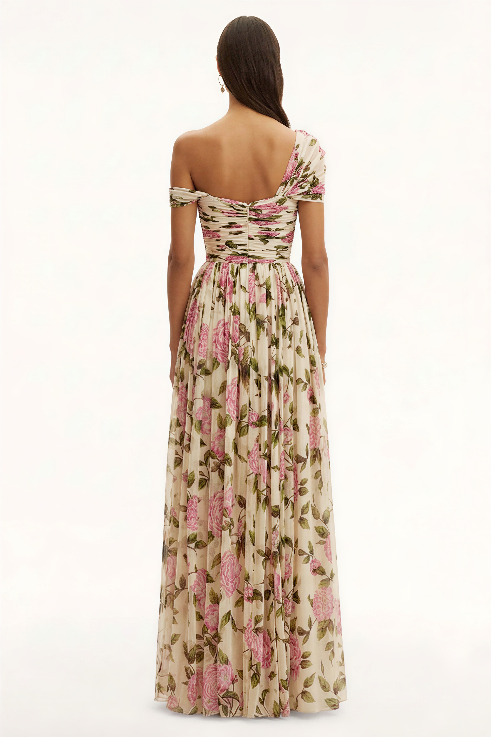 Floral Skew Collar Chiffon Maxi Dress