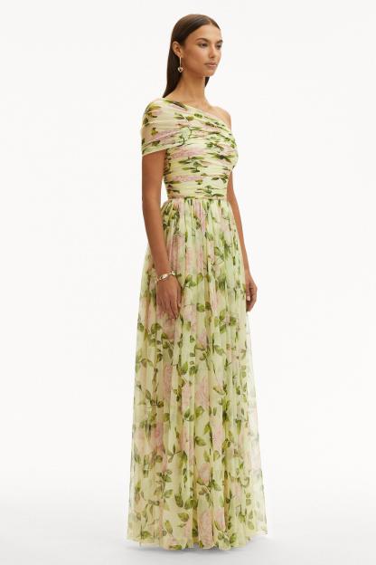 Floral Skew Collar Chiffon Maxi Dress