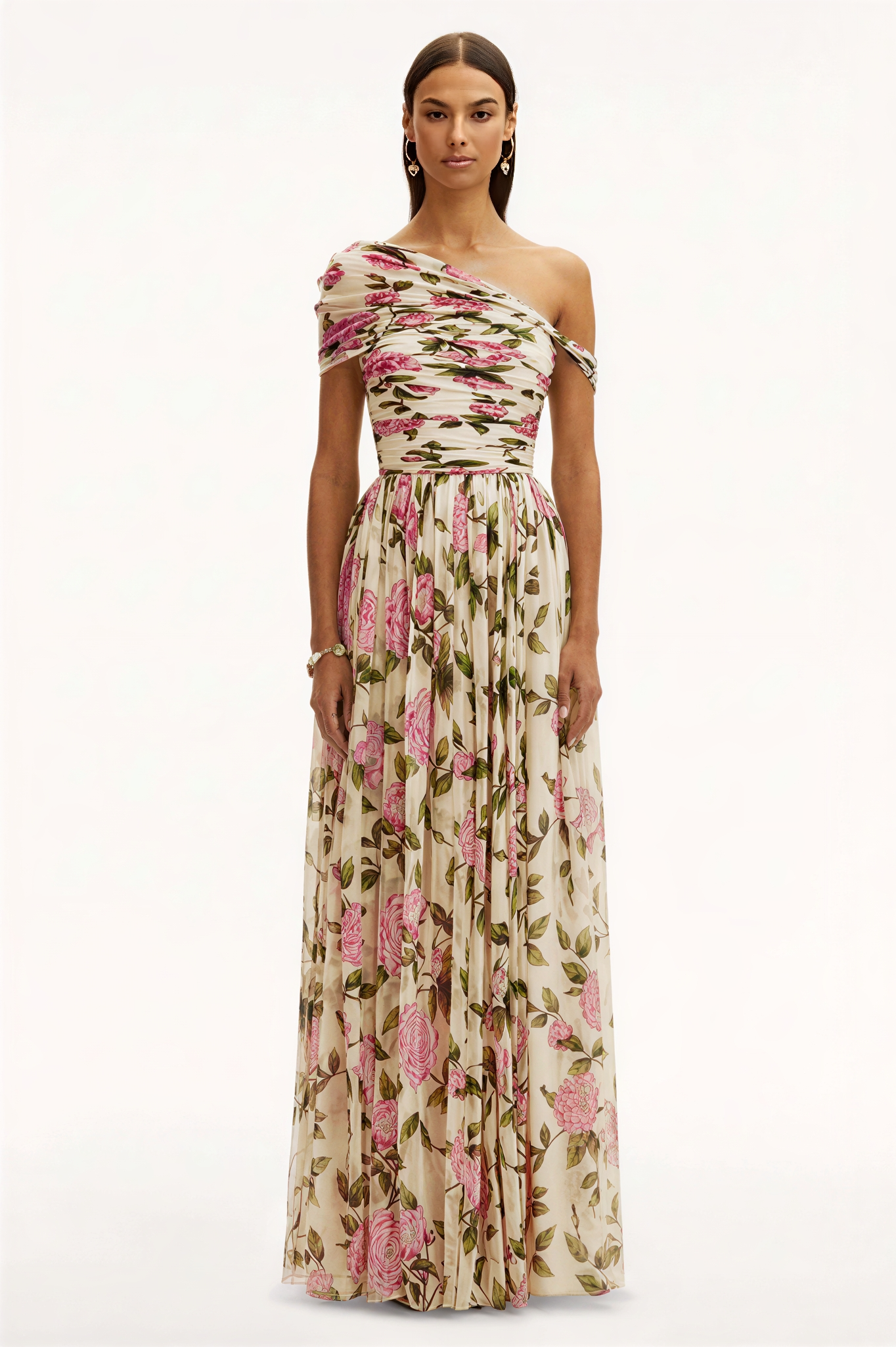 Floral Skew Collar Chiffon Maxi Dress