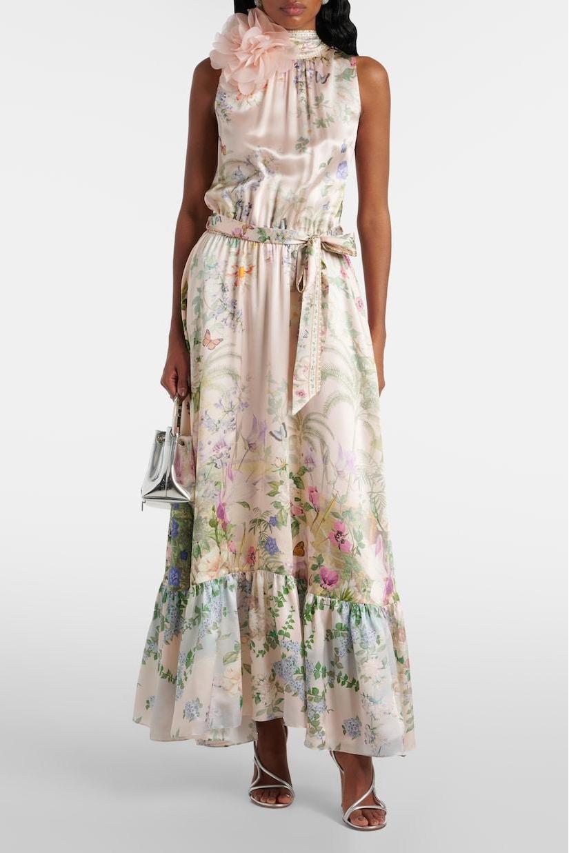 3D Flower Lace-Up Sleeveless Midi Dress