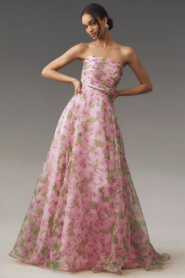 Organza Gathering Strapless Maxi Dress