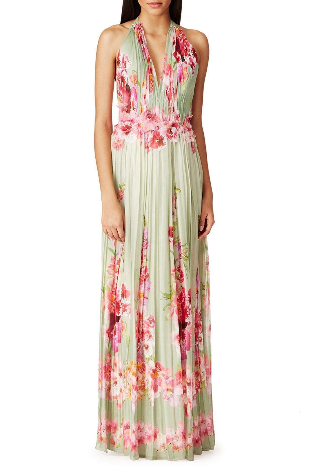 Floral Pleated Halter Neck Maxi Dress