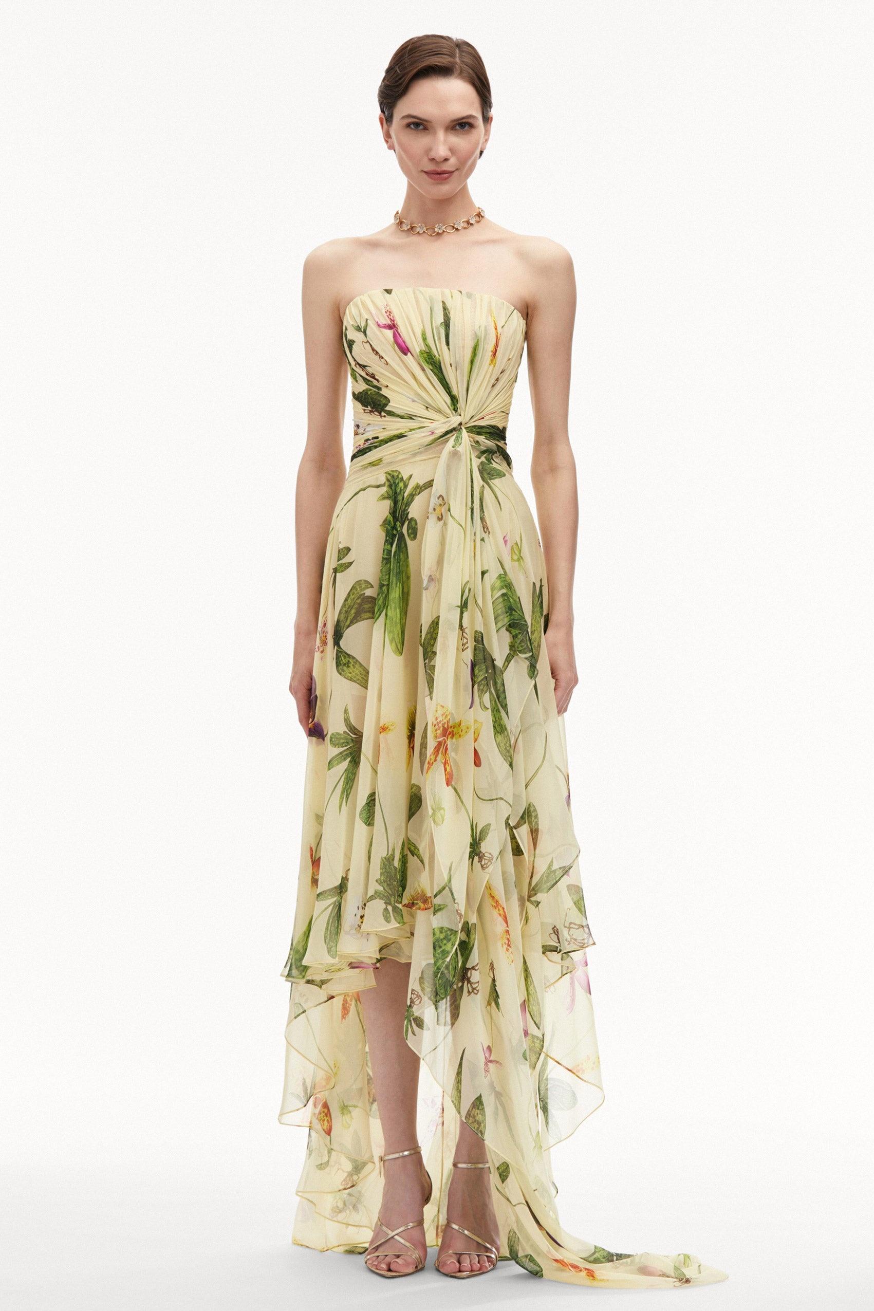 Botanical Print Chiffon  Strapless Midi Dress