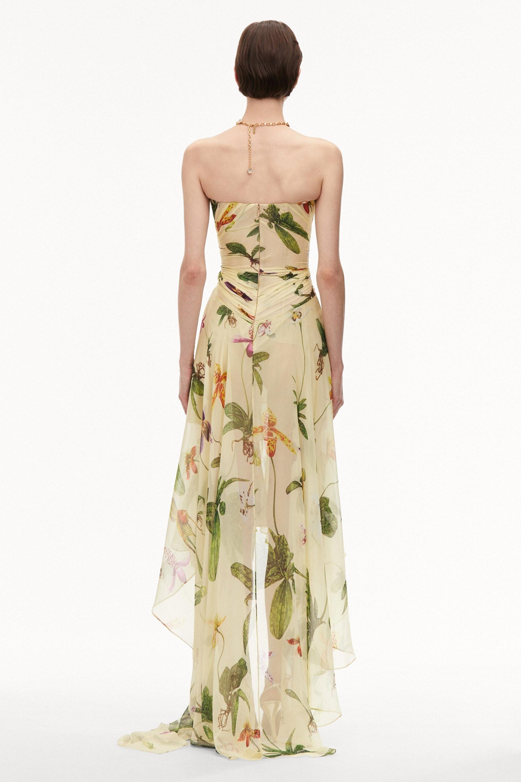 Botanical Print Chiffon  Strapless Midi Dress