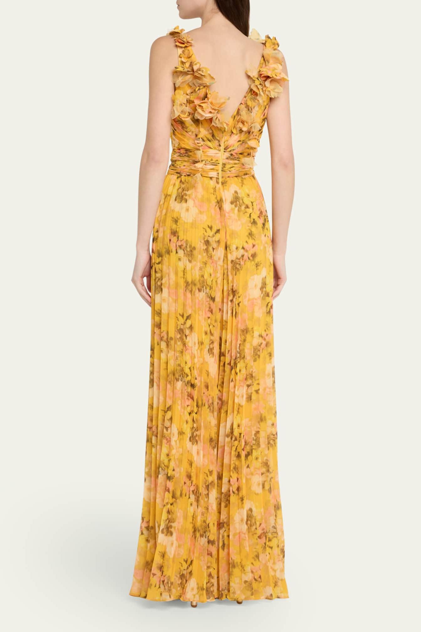 3D Flower Pleated Lace Up Maxi Dress