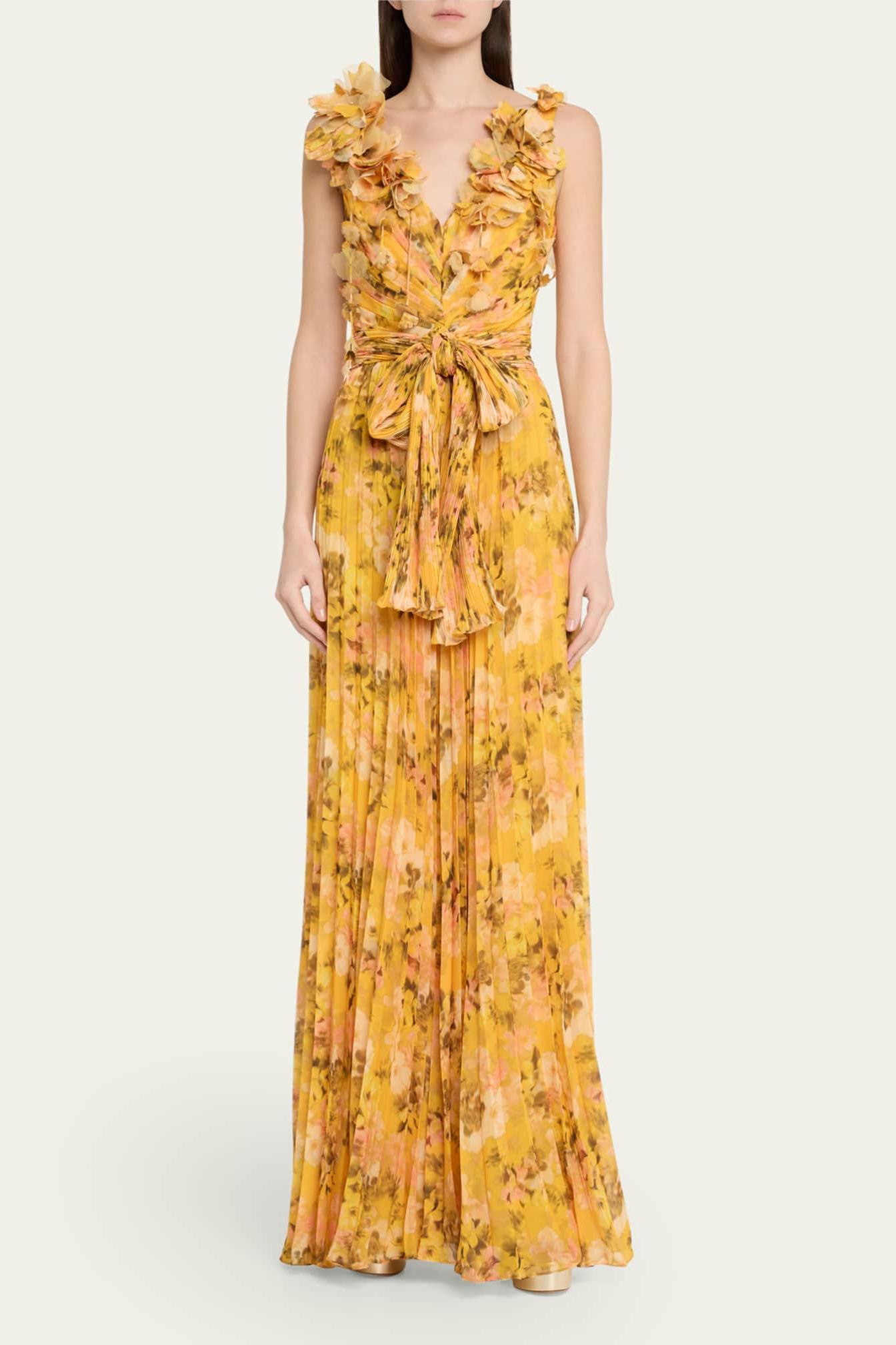 3D Flower Pleated Lace Up Maxi Dress