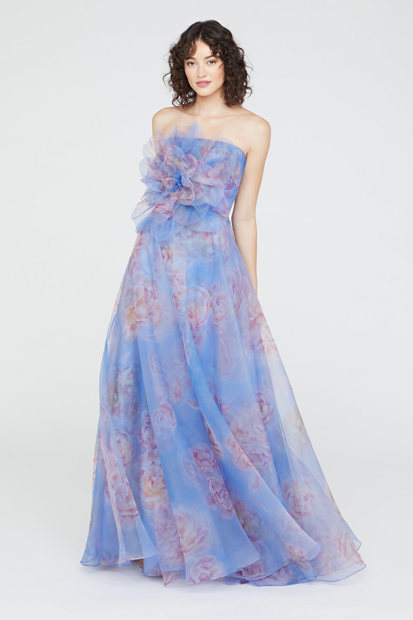 3D Flower Organza Strapless Maxi Dress