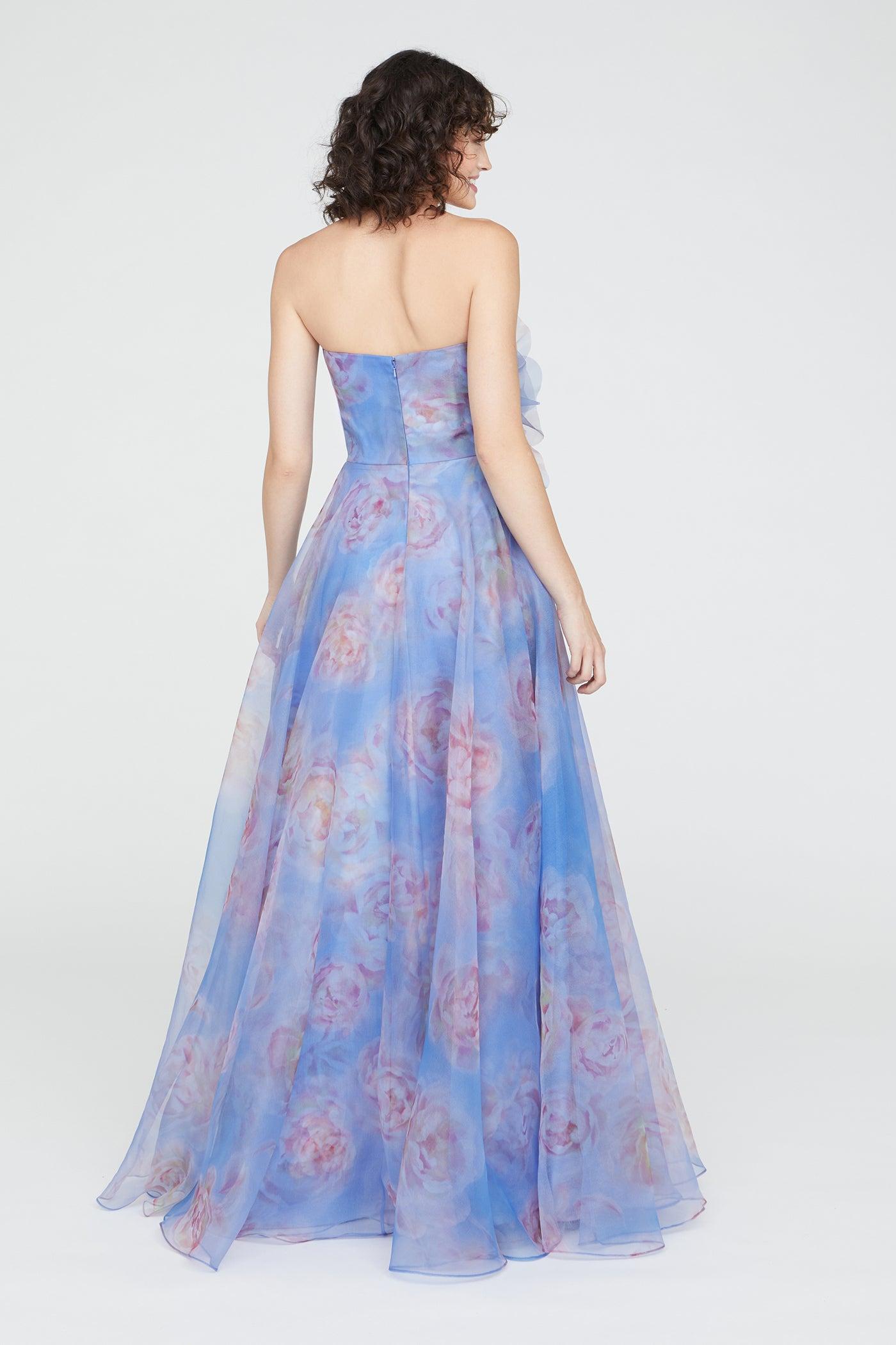 3D Flower Organza Strapless Maxi Dress