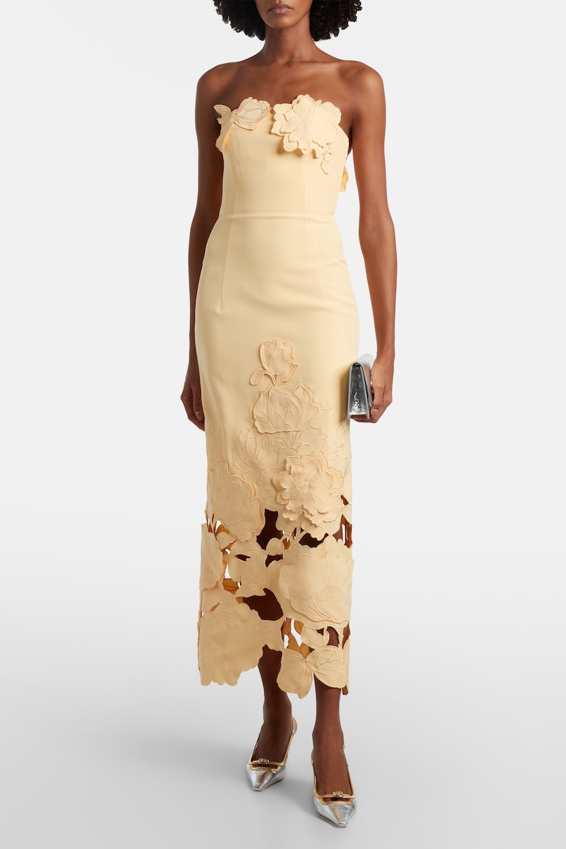 Off-Shoulder Floral Appliquéd Midi Dress