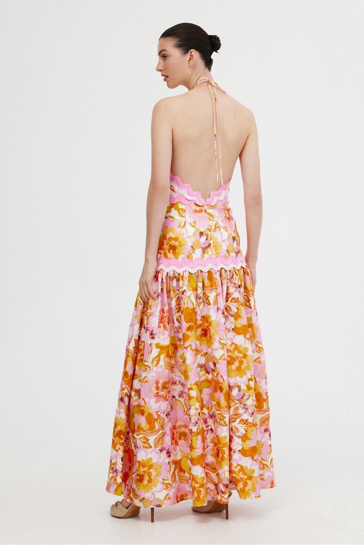 Lace Edge Floral Halter Neck Midi Dress