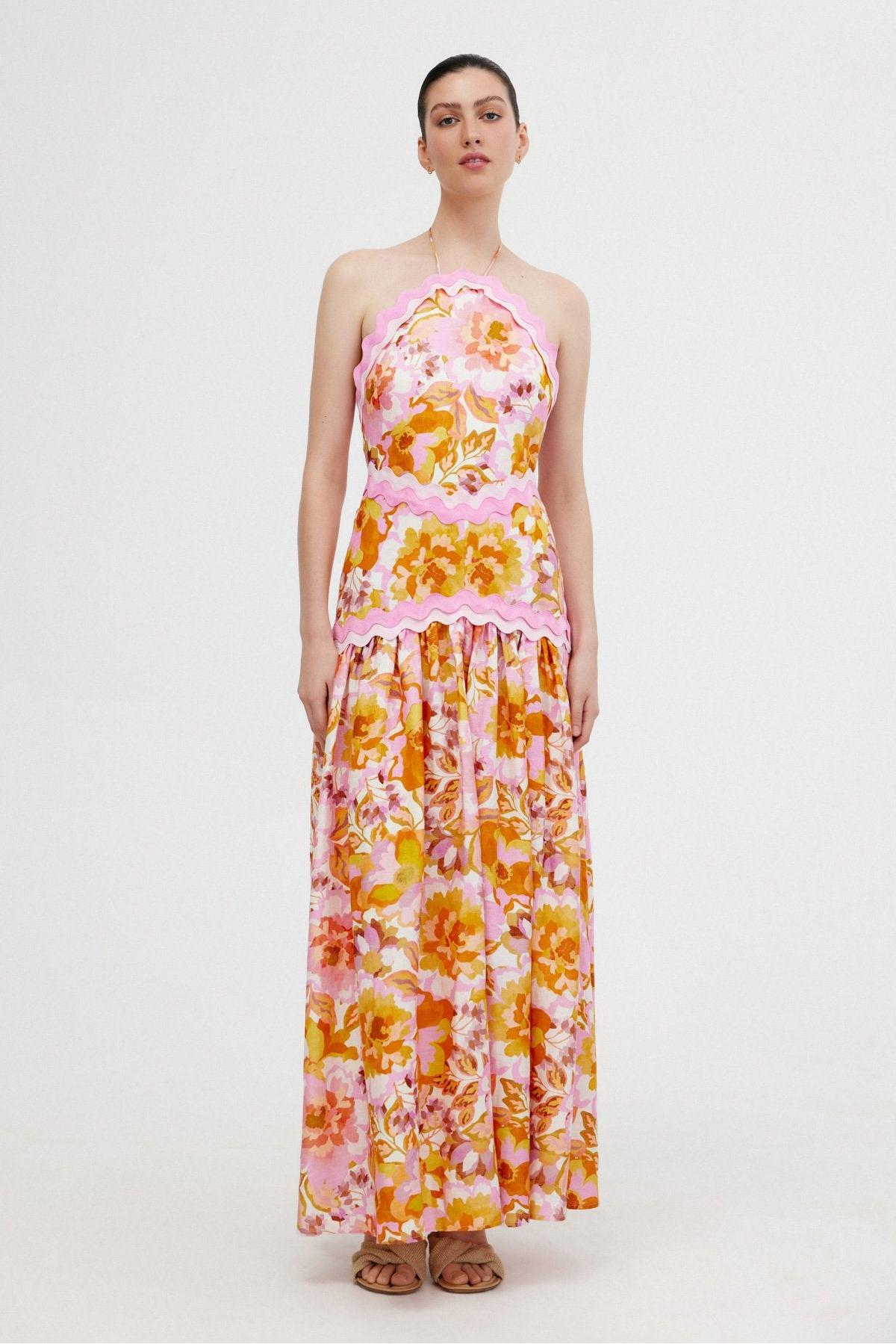 Lace Edge Floral Halter Neck Midi Dress