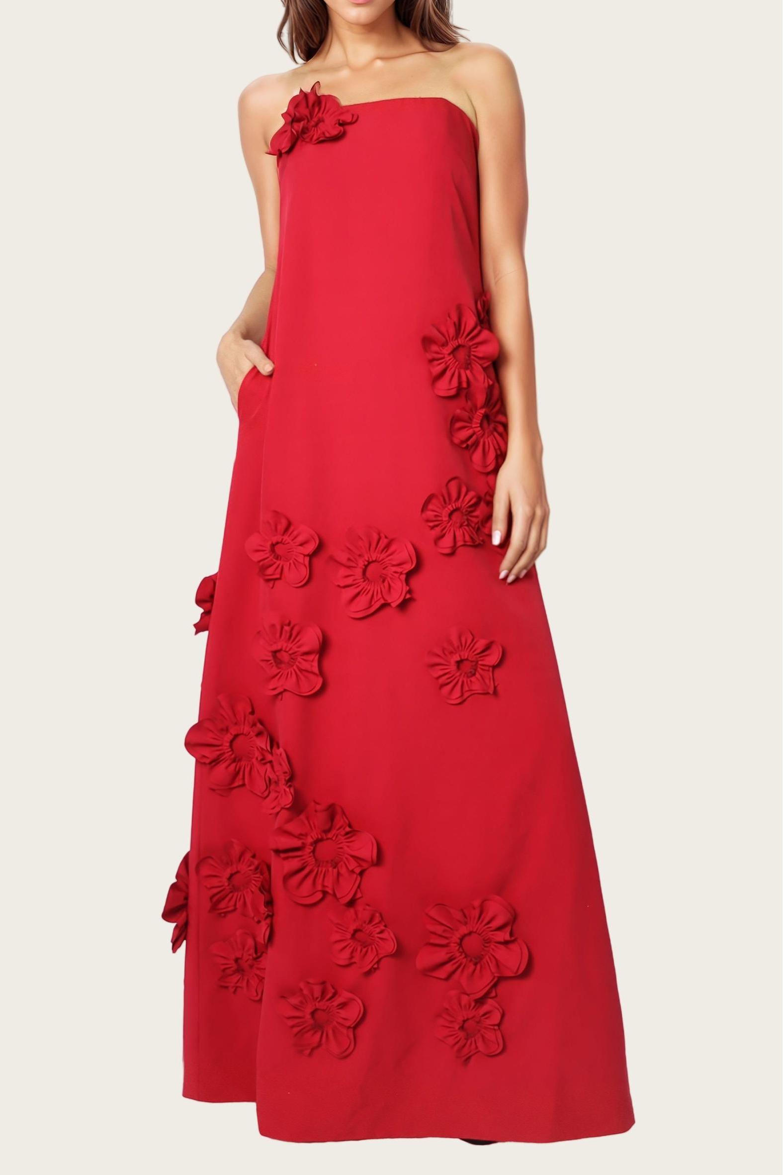 3D Flower Off-Shoulder Pocket Maxi Dress