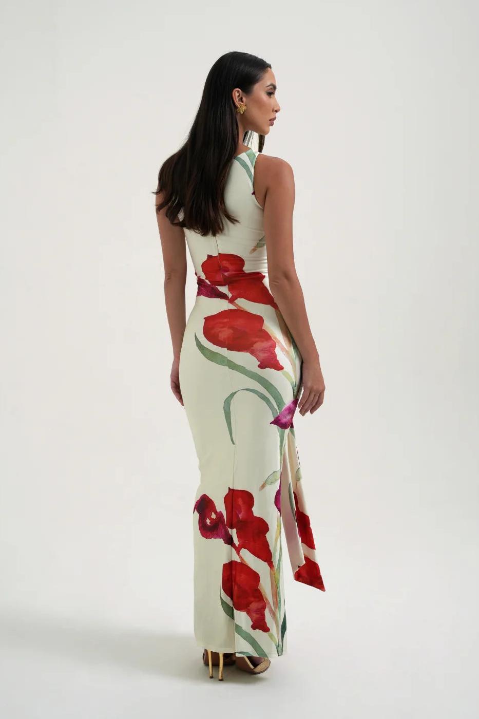 Satin Floral Knotted Maxi Dress