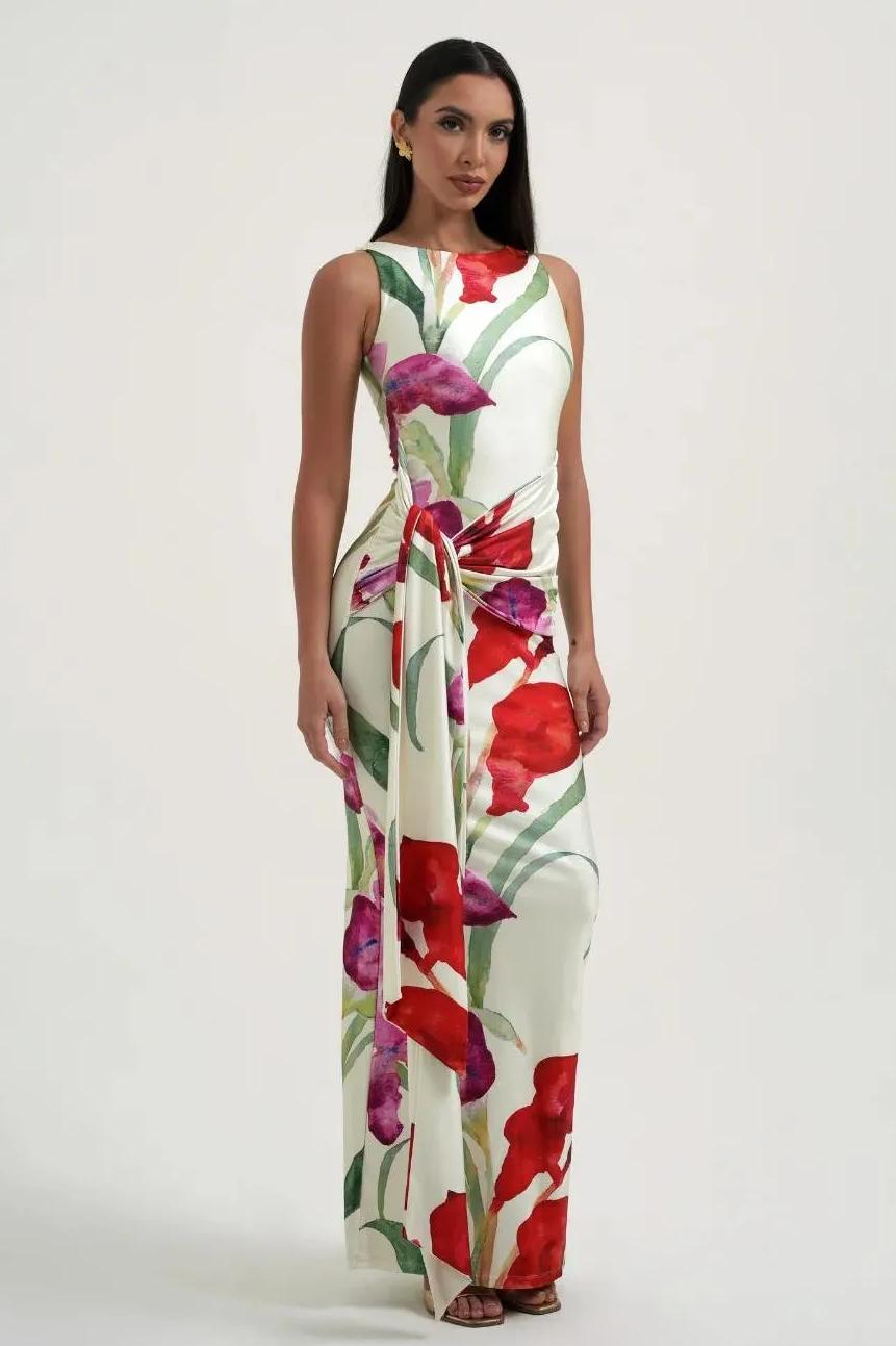 Satin Floral Knotted Maxi Dress