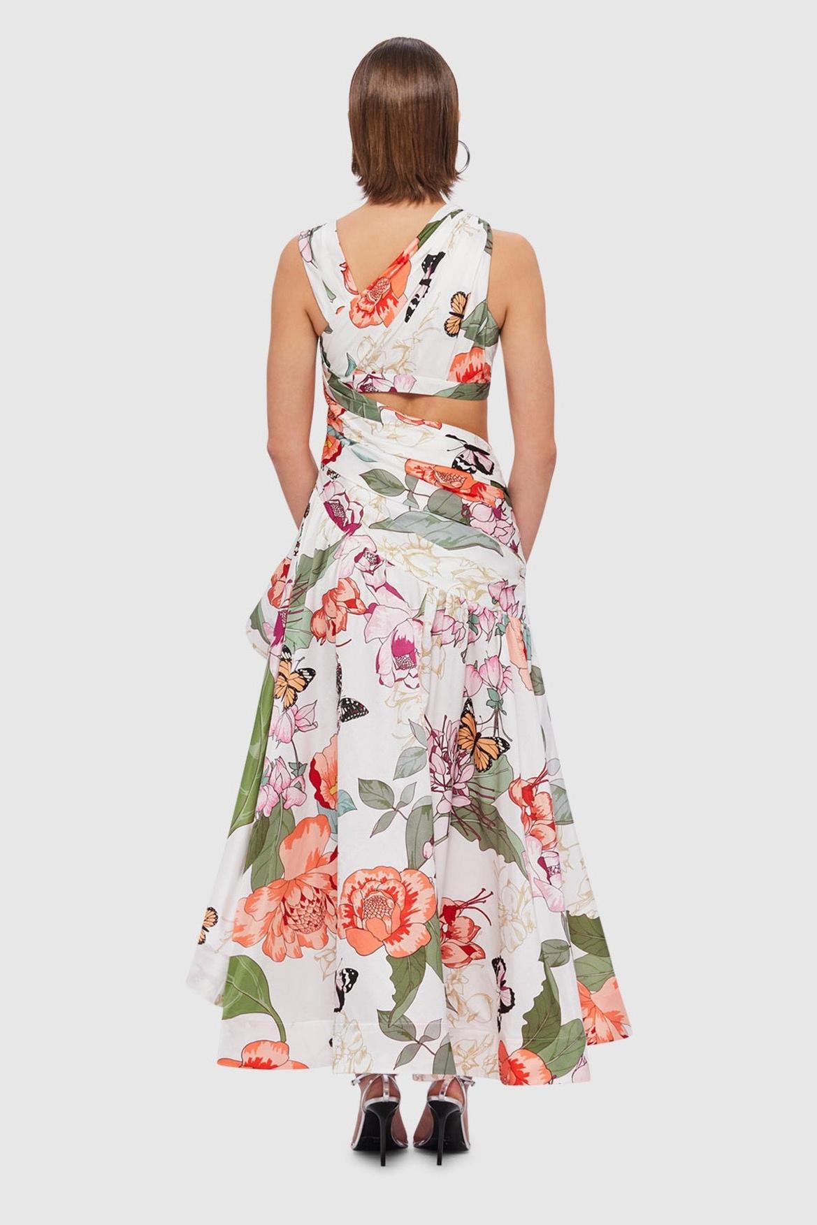 Floral Gathering Asymmetric Midi Dress