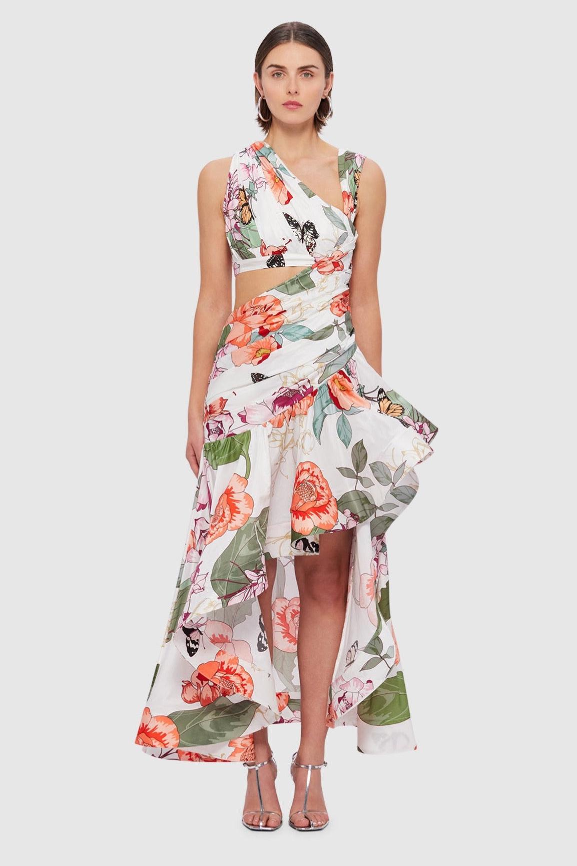 Floral Gathering Asymmetric Midi Dress