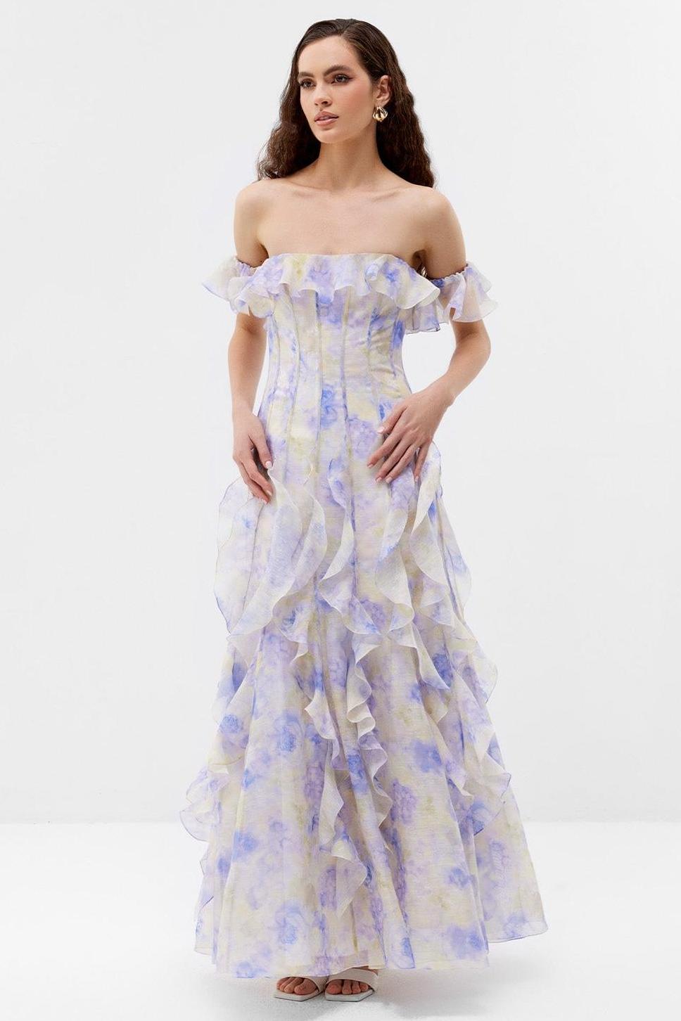 Floral Frill Off-Shoulder Maxi Dress