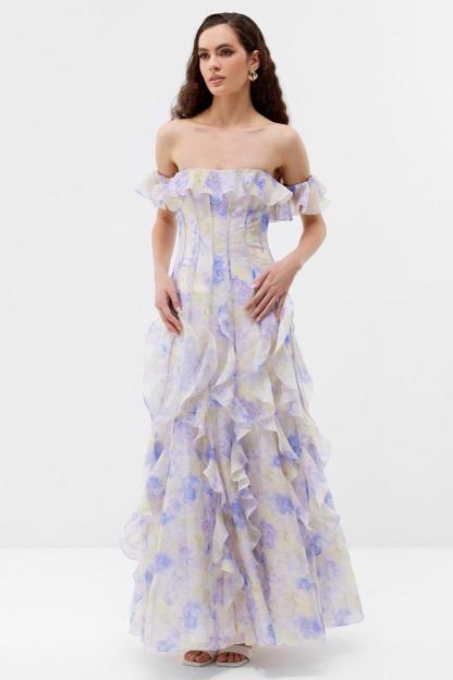 Floral Frill Off-Shoulder Maxi Dress
