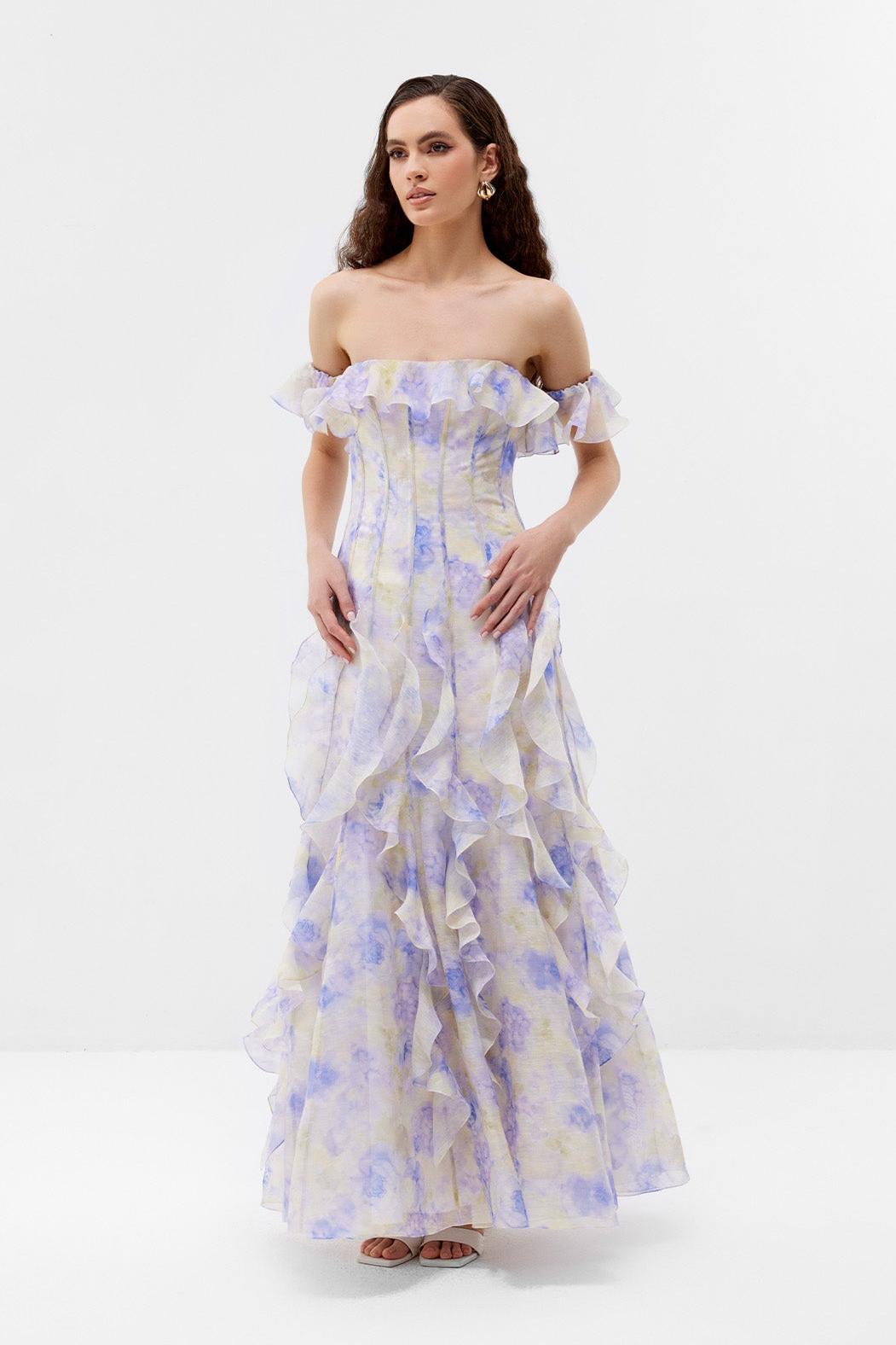 Floral Frill Off-Shoulder Maxi Dress