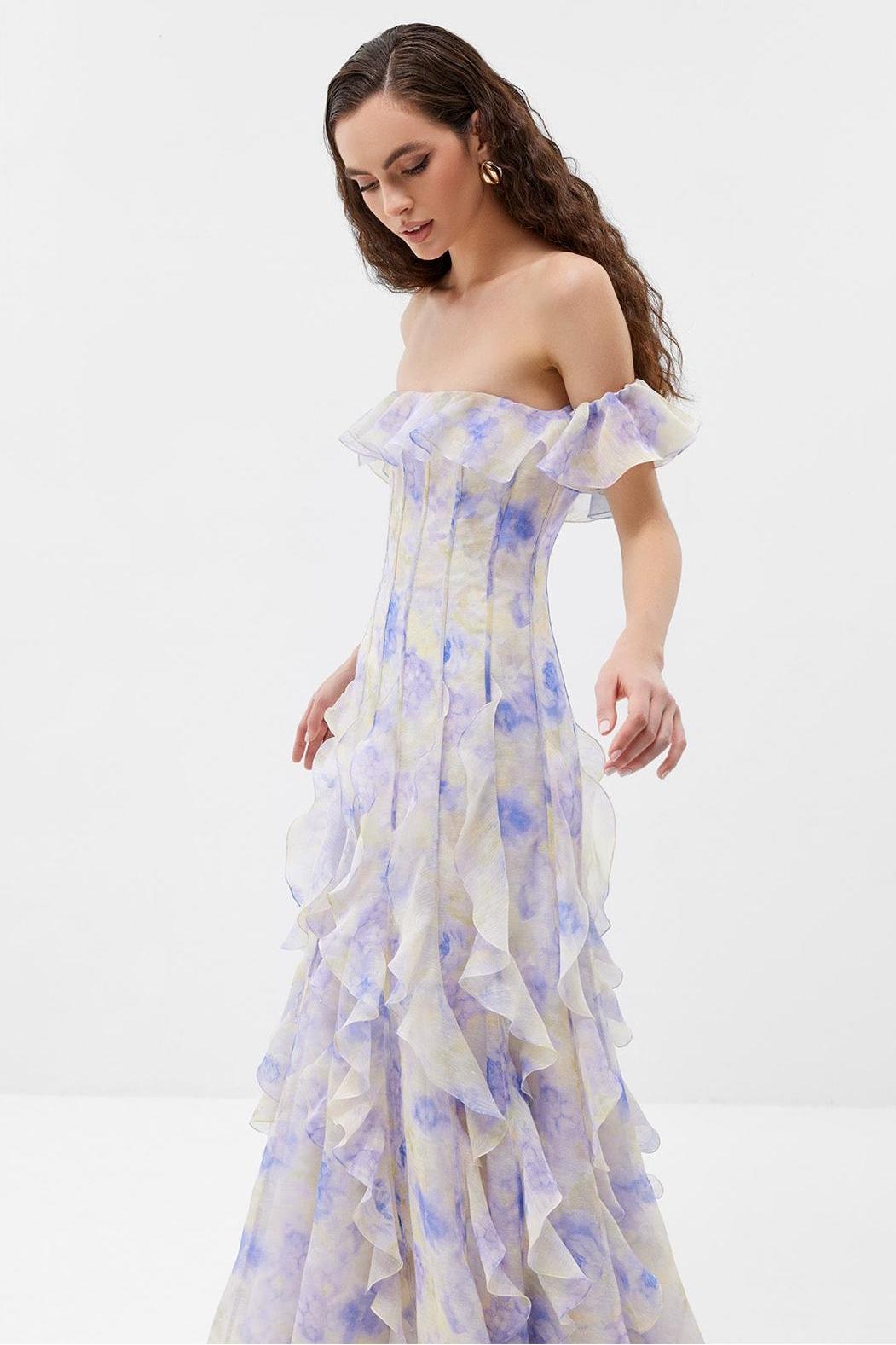 Floral Frill Off-Shoulder Maxi Dress