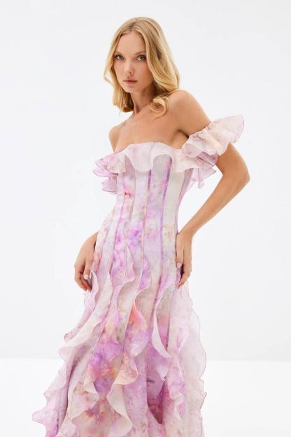 Floral Frill Off-Shoulder Maxi Dress