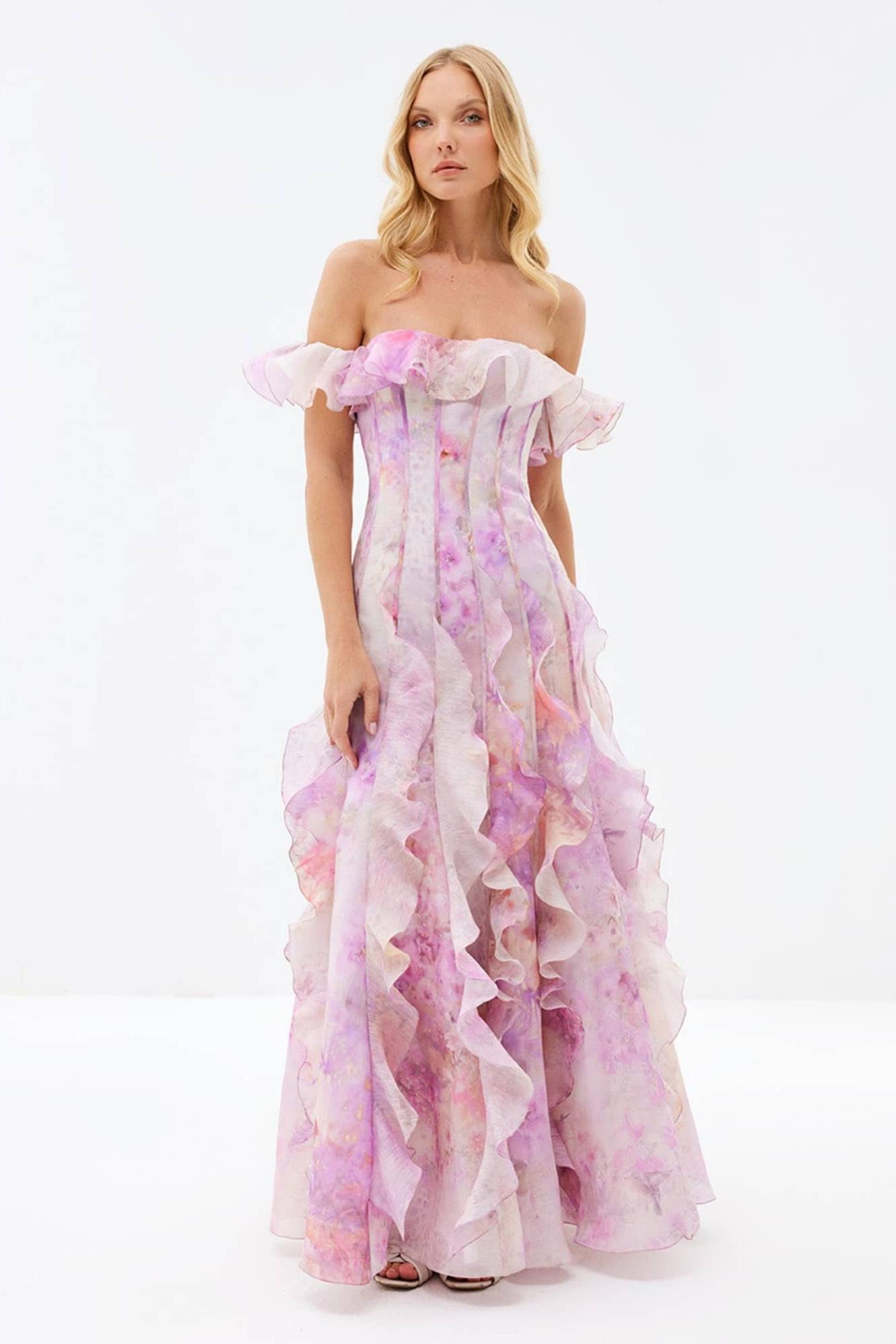 Floral Frill Off-Shoulder Maxi Dress