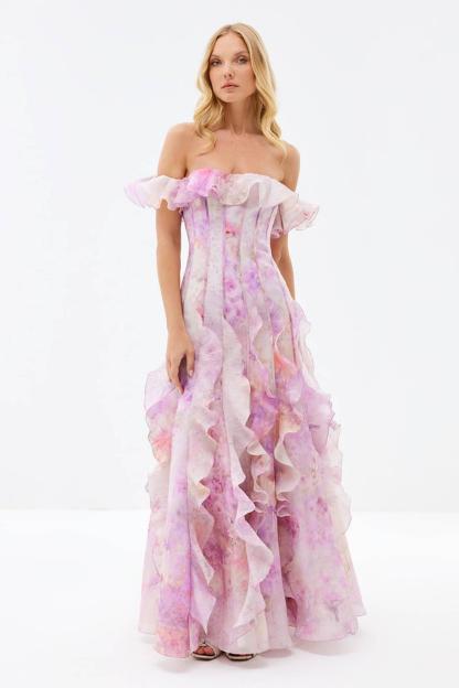 Floral Frill Off-Shoulder Maxi Dress