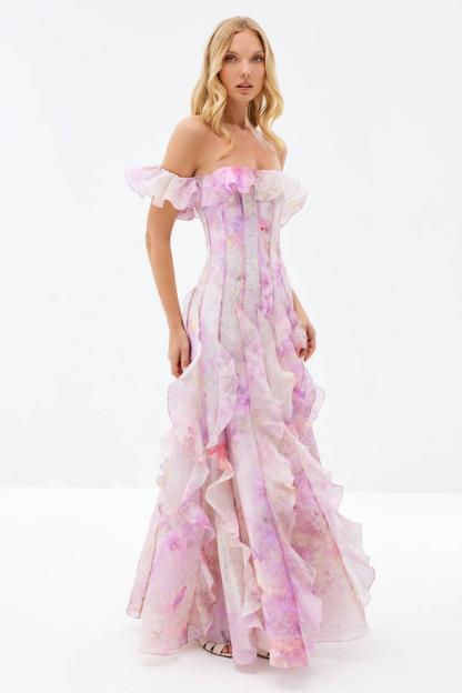 Floral Frill Off-Shoulder Maxi Dress