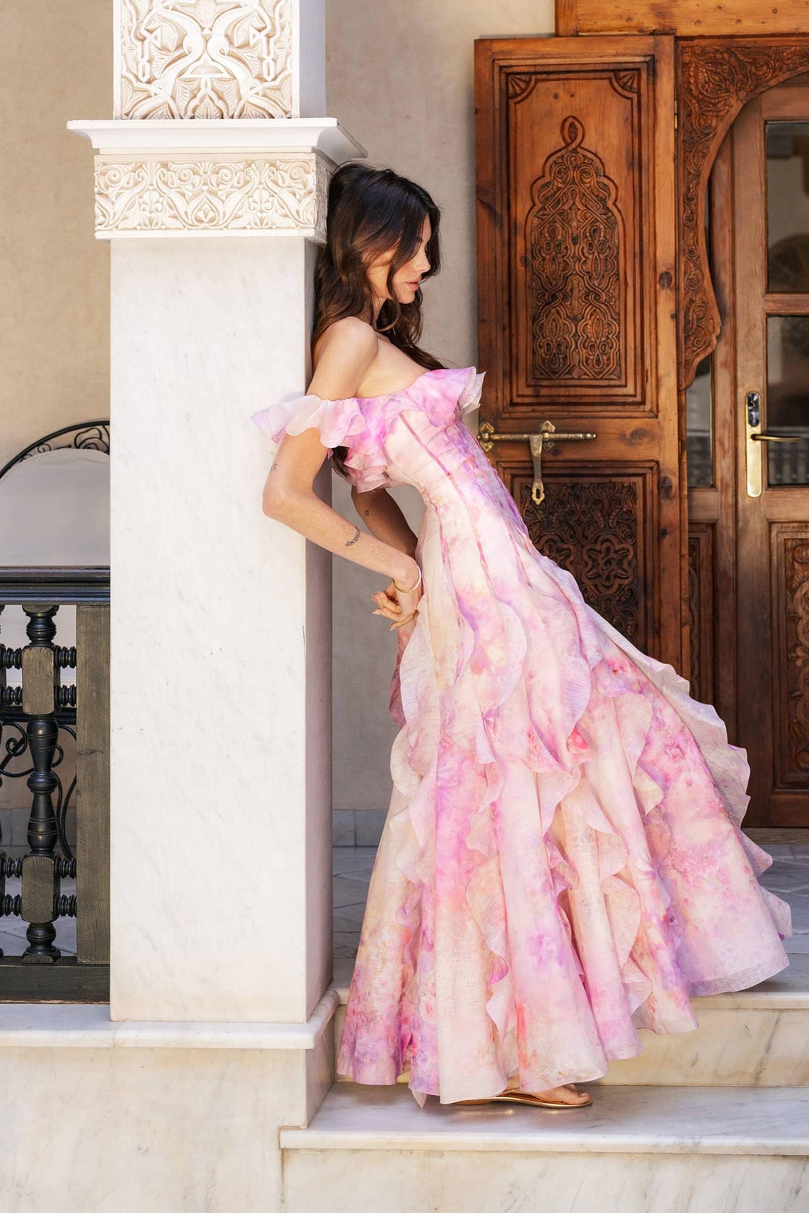 Floral Frill Off-Shoulder Maxi Dress – JardinVue